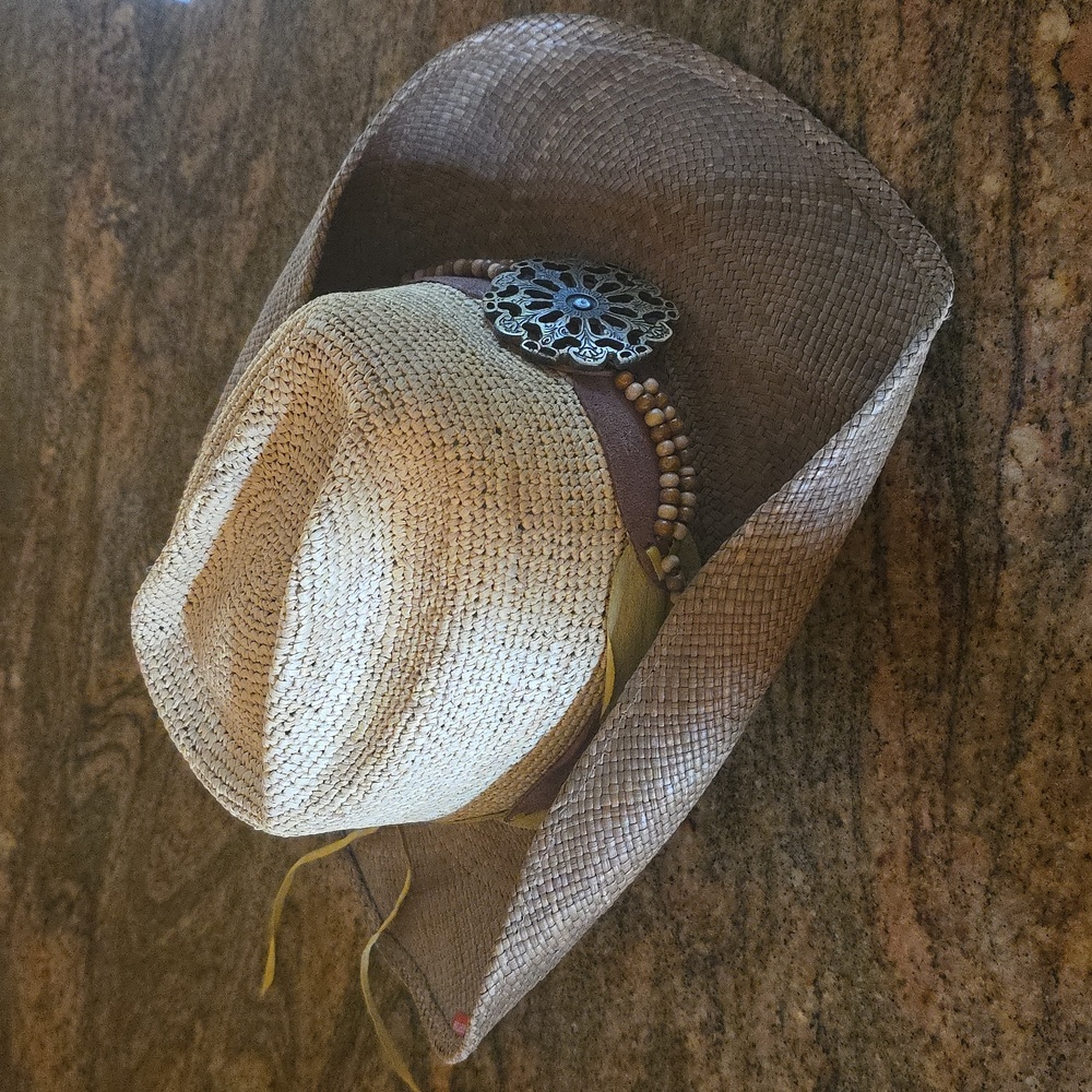 Rustic Tan Straw Cowboy Hat with Beaded Accent